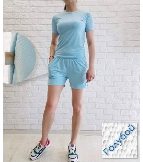 Спортивный костюм женский летний (футболка + шорты с карманами) голубой, масло