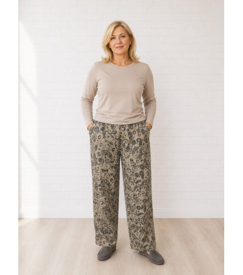 Женские широкие штаны большого размера батал, штаны с карманами свободного прямого кроя для женщин, из мягкой теплой ткани ангора, цвет бежевый в огурцы