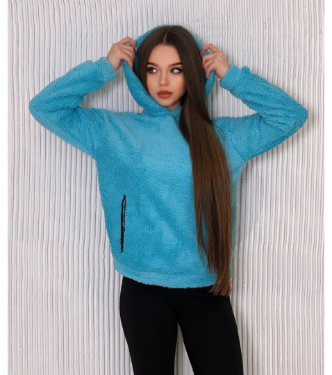 Теплая женская кофта ( худи ) Тедди с капюшоном, махра травка